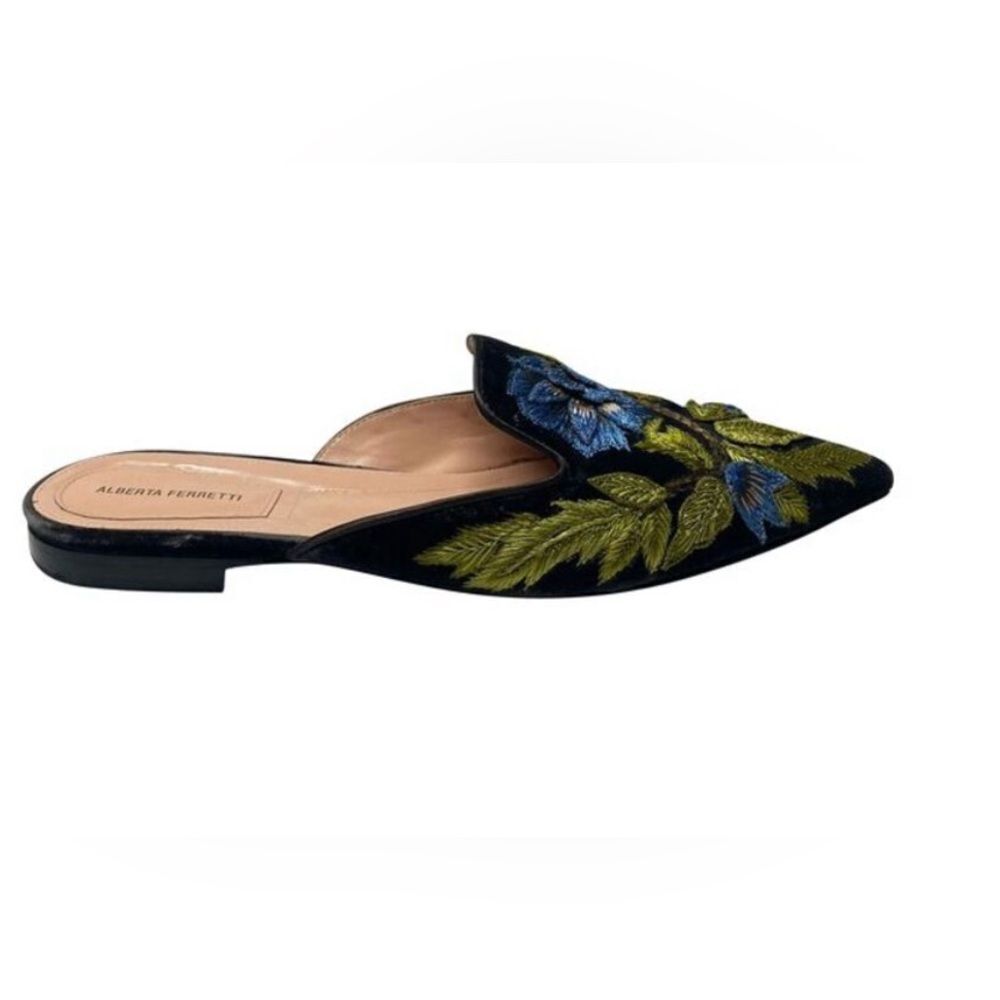 Alberta Ferretti Mia Embroidered Mules in Black Velvet 37 - Picture 2 of 9